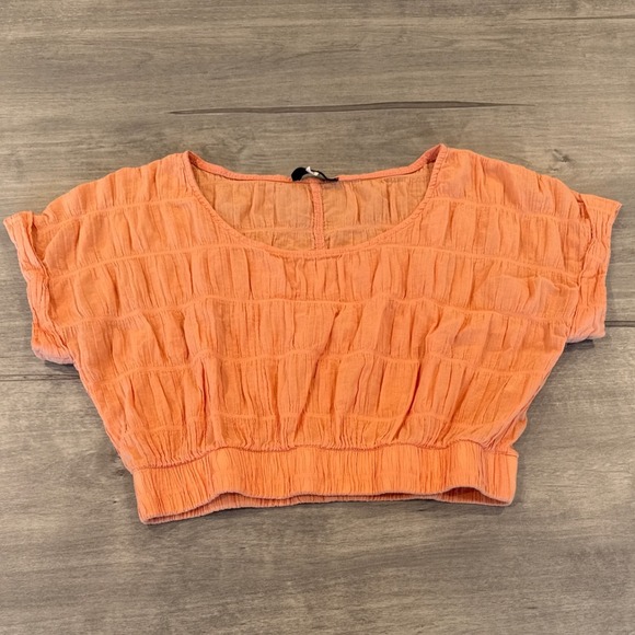 Final Touch Smocked Crop Top Short Sleeve Blouse Elastic Waist Peach Orange‎ M - Picture 1 of 9